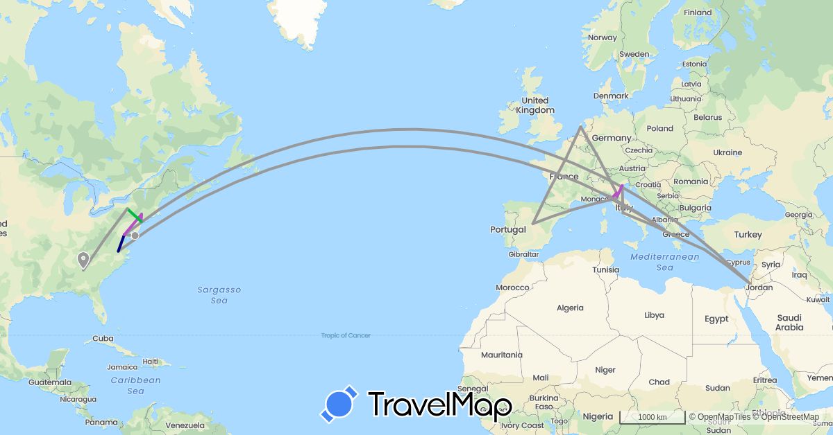 TravelMap itinerary: driving, bus, plane, train in Spain, France, Greece, Israel, Italy, Netherlands, United States (Asia, Europe, North America)